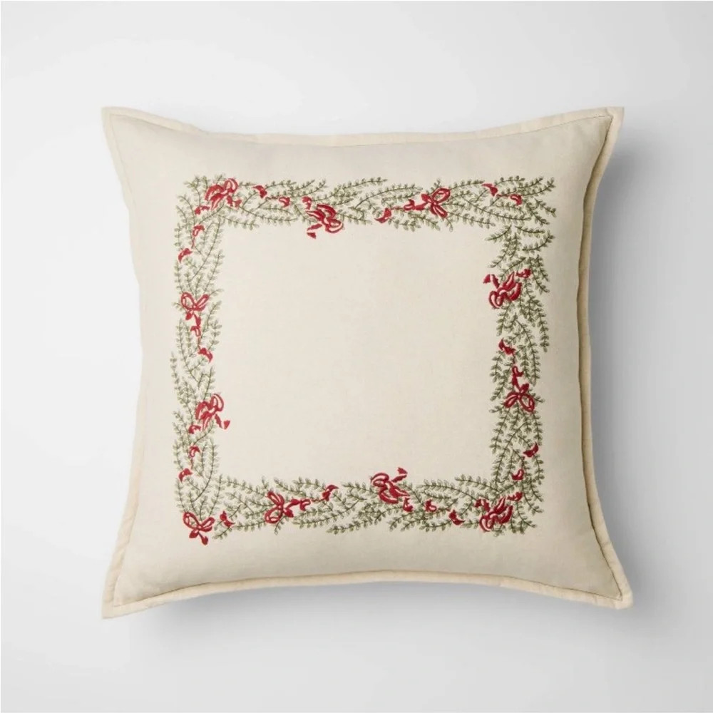 Natural Embroidered Green and Bows Pillow - 24 × 24